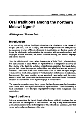 Oral Traditions Among the ,Northern Malawi Ngoni1