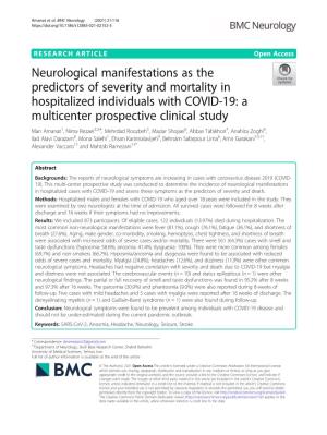Neurological Manifestations As the Predictors of Severity and Mortality