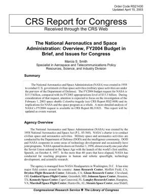 The National Aeronautics and Space Administration: Overview, FY2004 Budget in Brief, and Issues for Congress