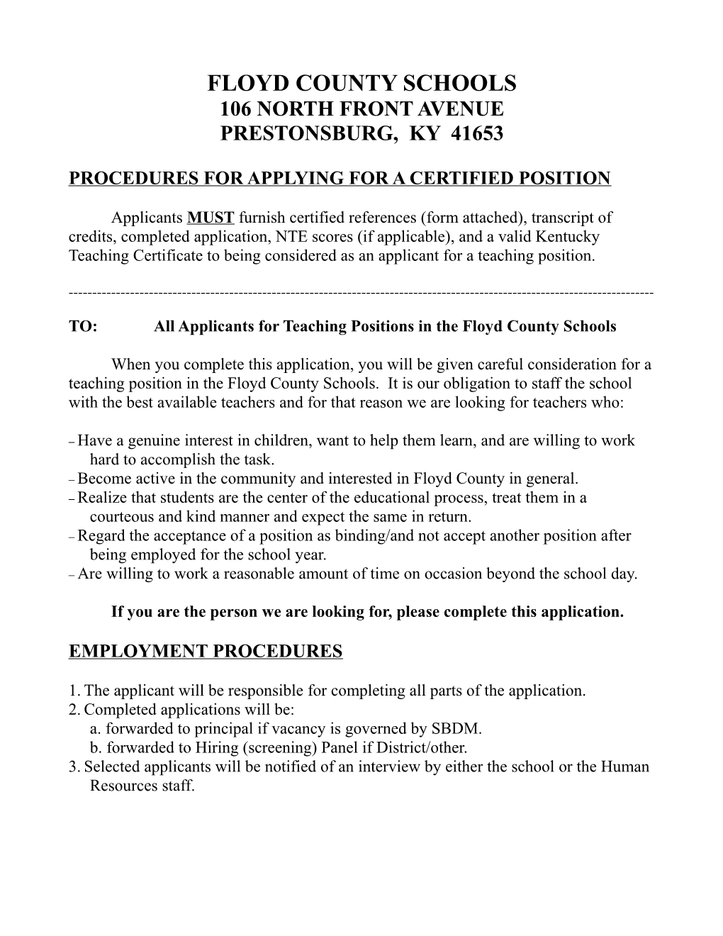 Procedures for Applying for a Certified Position