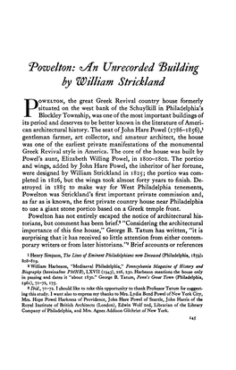 Powelton: an Unrecorded Building by William Strickland