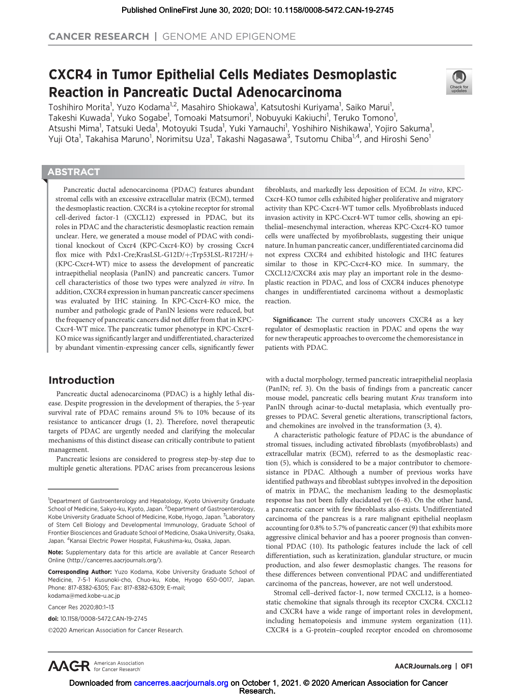 CXCR4 in Tumor Epithelial Cells Mediates Desmoplastic Reaction In