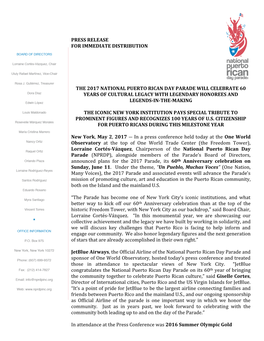 Press Release for Immediate Distribution the 2017 National Puerto Rican Day Parade Will Celebrate 60 Years of Cultural Legacy Wi