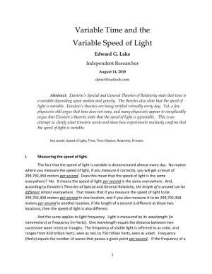 Variable Time and the Variable Speed of Light Edward G