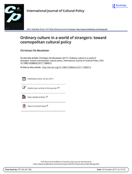 Ordinary Culture in a World of Strangers: Toward Cosmopolitan Cultural Policy