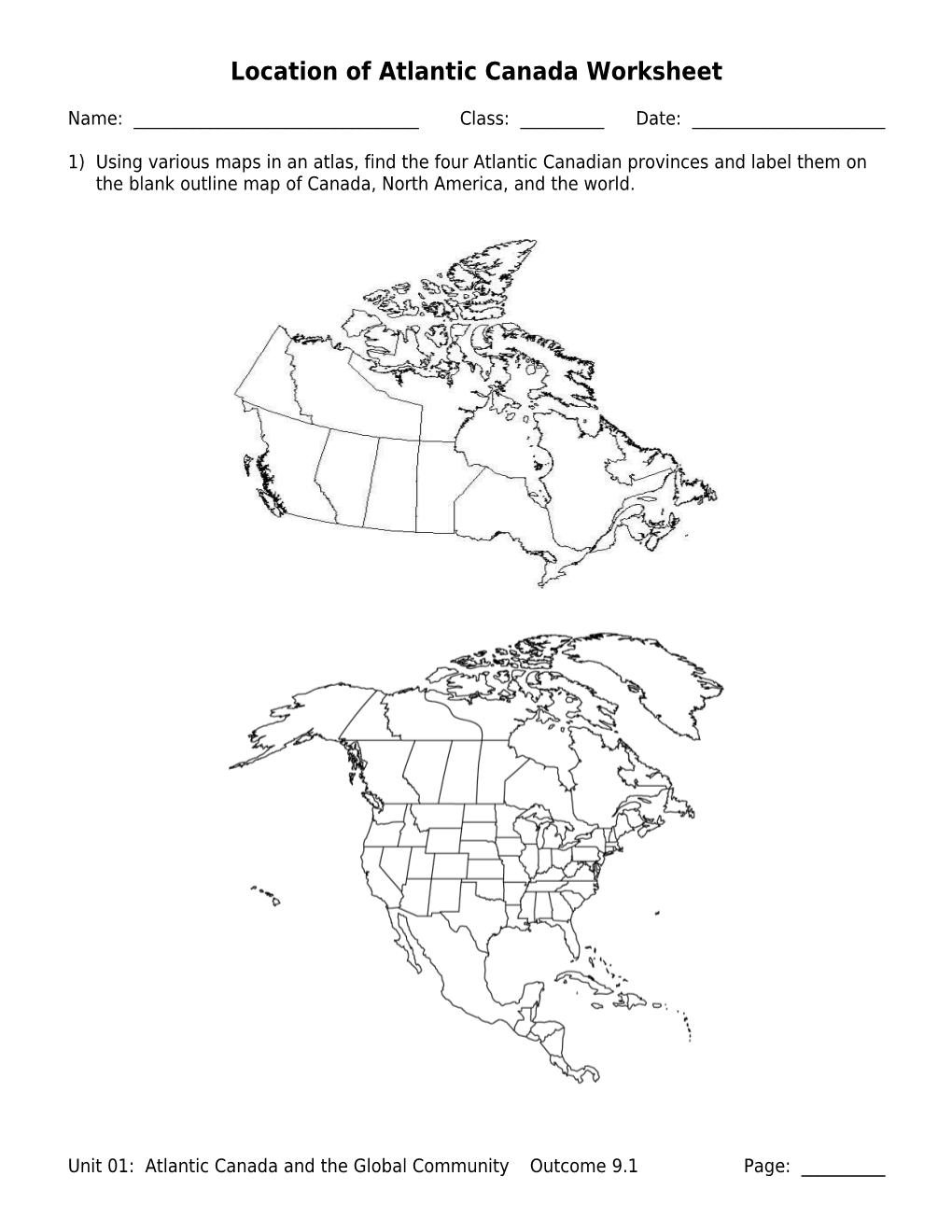 Location of Atlantic Canada Worksheet