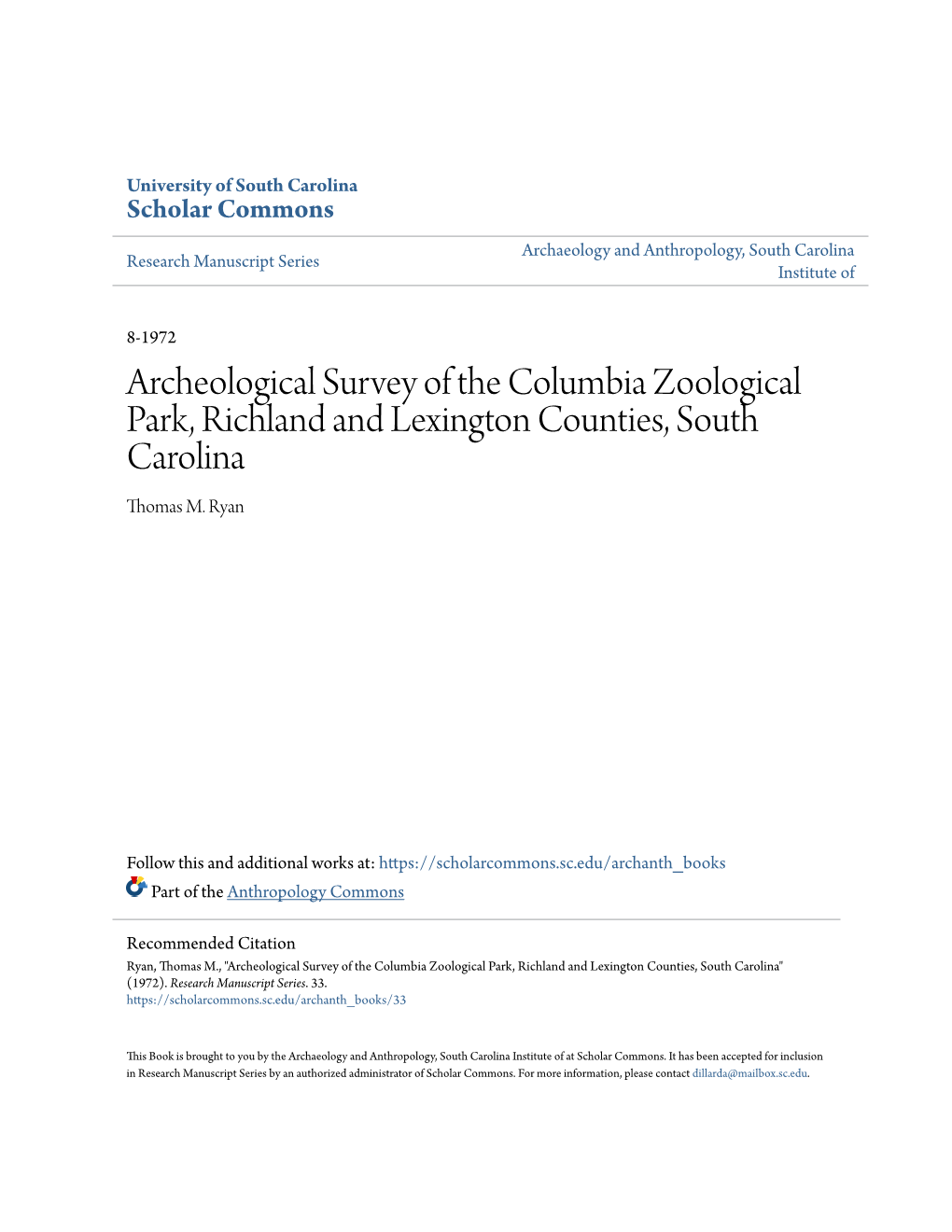 Archeological Survey of the Columbia Zoological Park, Richland and Lexington Counties, South Carolina Thomas M