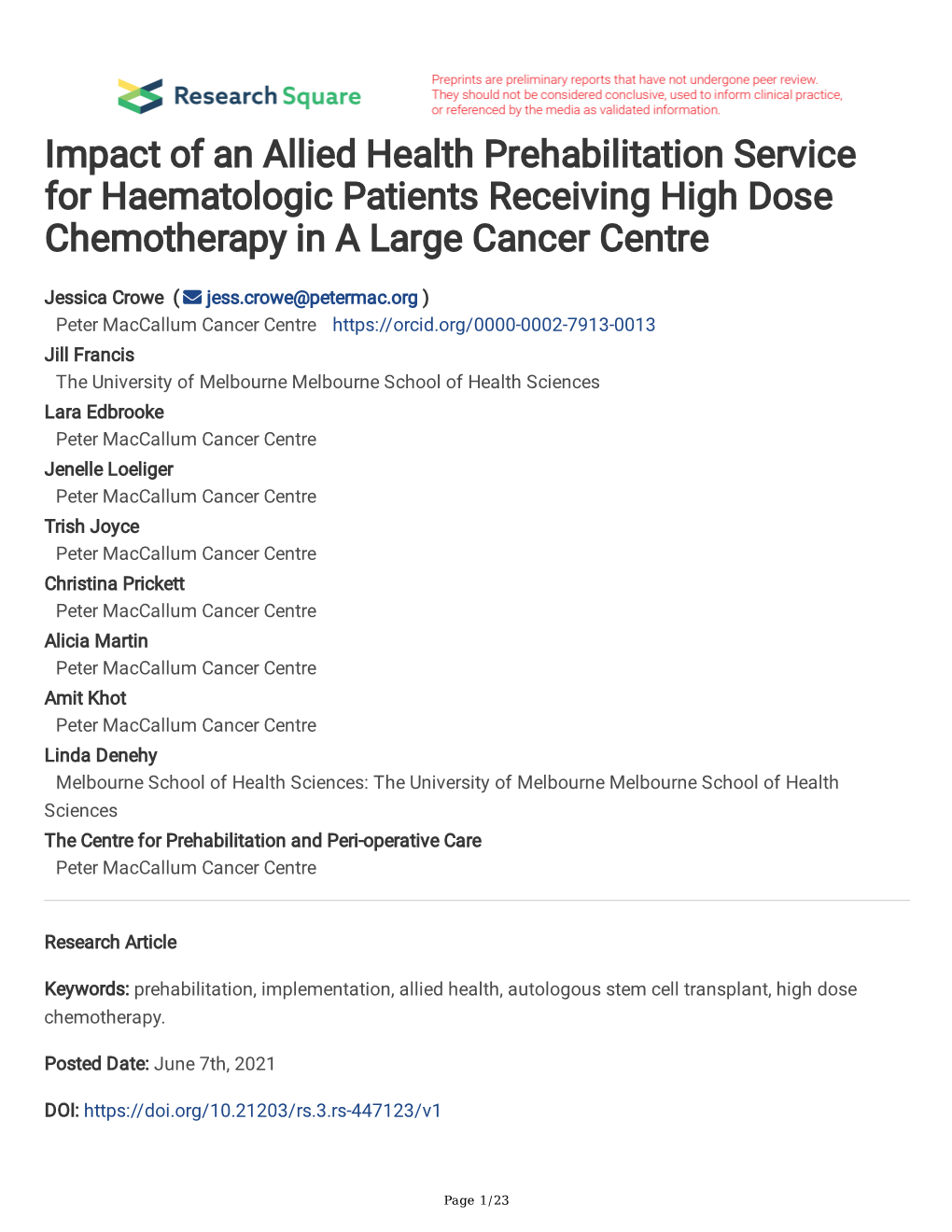Impact of an Allied Health Prehabilitation Service for Haematologic Patients Receiving High Dose Chemotherapy in a Large Cancer Centre