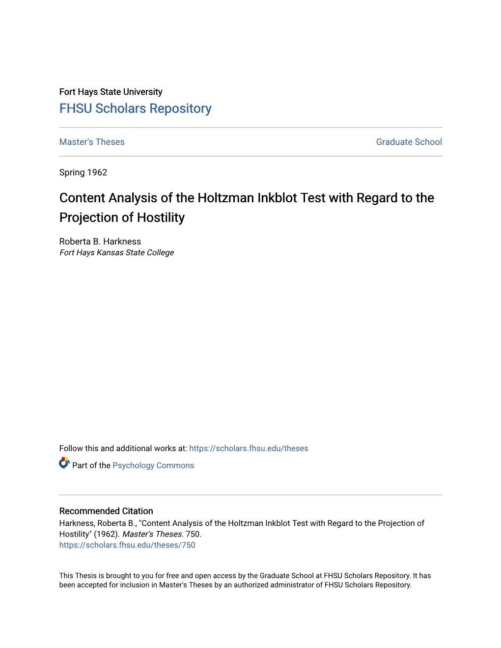 Content Analysis of the Holtzman Inkblot Test with Regard to the Projection of Hostility