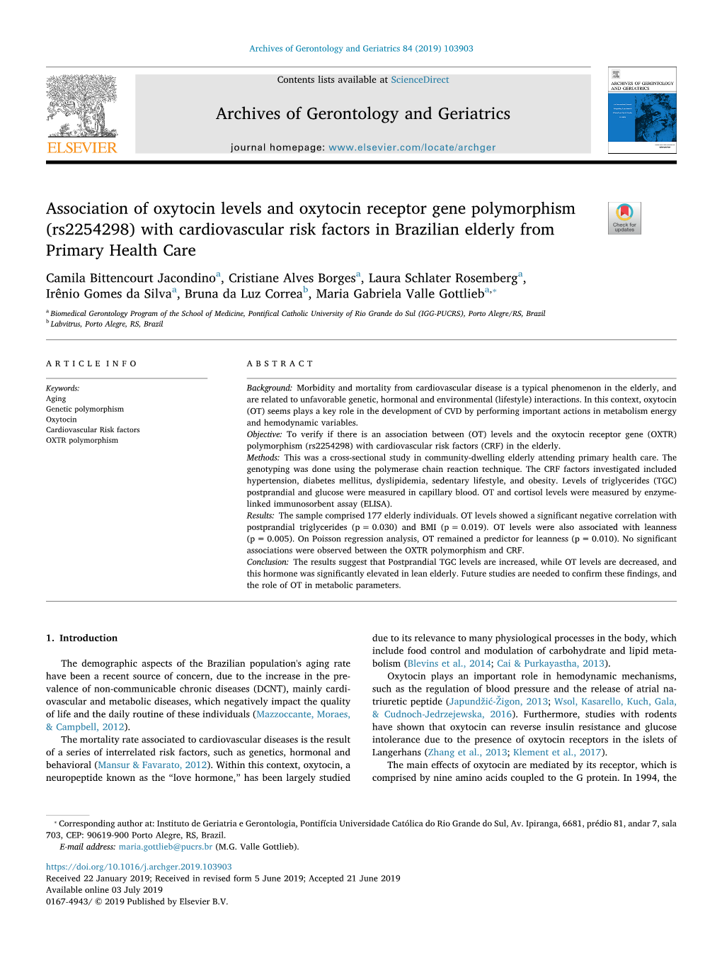 Association of Oxytocin Levels and Oxytocin Receptor Gene Polymorphism (Rs2254298) with Cardiovascular Risk Factors in Brazilian Elderly from T Primary Health Care