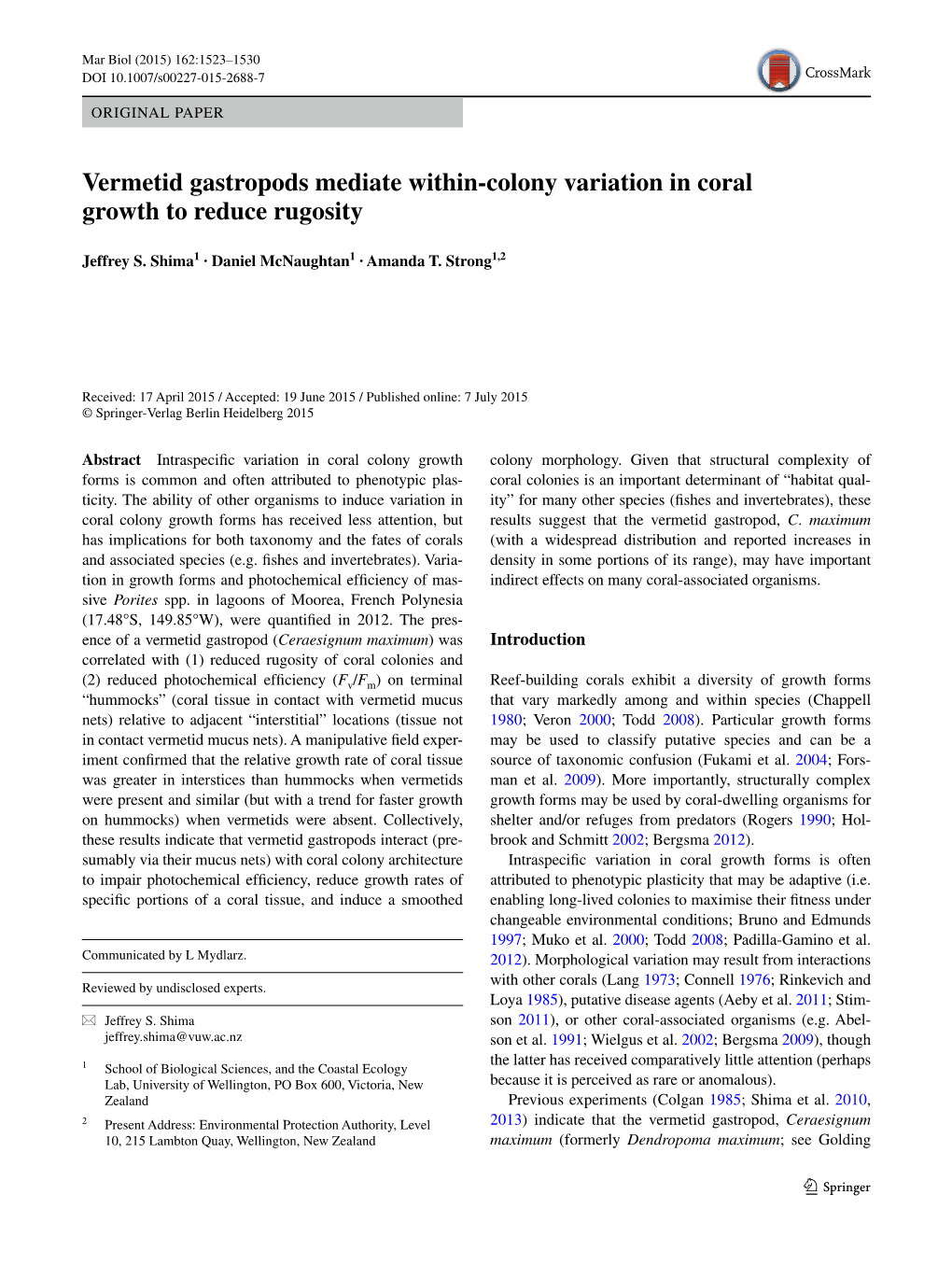 Vermetid Gastropods Mediate Within-Colony Variation in Coral