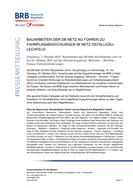 Bauarbeiten Der Db Netz Ag Führen Zu Fahrplanabweichungen Im Netz Ostallgäu- Lechfeld