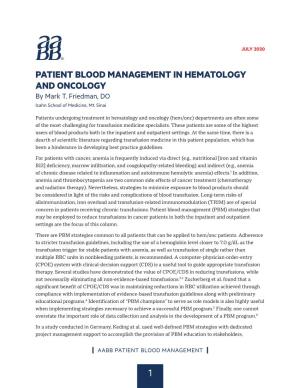 PATIENT BLOOD MANAGEMENT in HEMATOLOGY and ONCOLOGY by Mark T