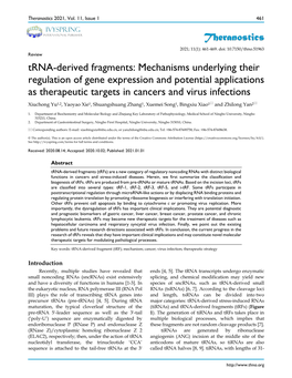 Trna-Derived Fragments: Mechanisms Underlying Their Regulation of Gene Expression and Potential Applications As Therapeutic Targets in Cancers and Virus Infections