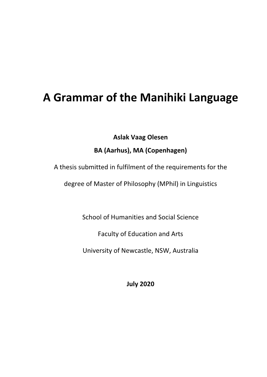 A Grammar of the Manihiki Language