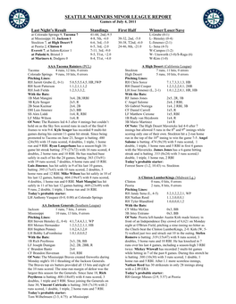 SEATTLE MARINERS MINOR LEAGUE REPORT Games of July 4, 2011