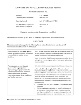 KPFA/KPFB 2021 ANNUAL EEO PUBLIC FILE REPORT Pacifica Foundation, Inc