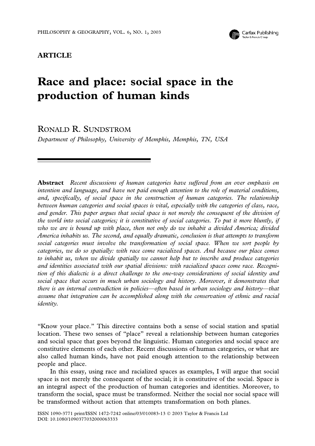 Race and Place: Social Space in the Production of Human Kinds