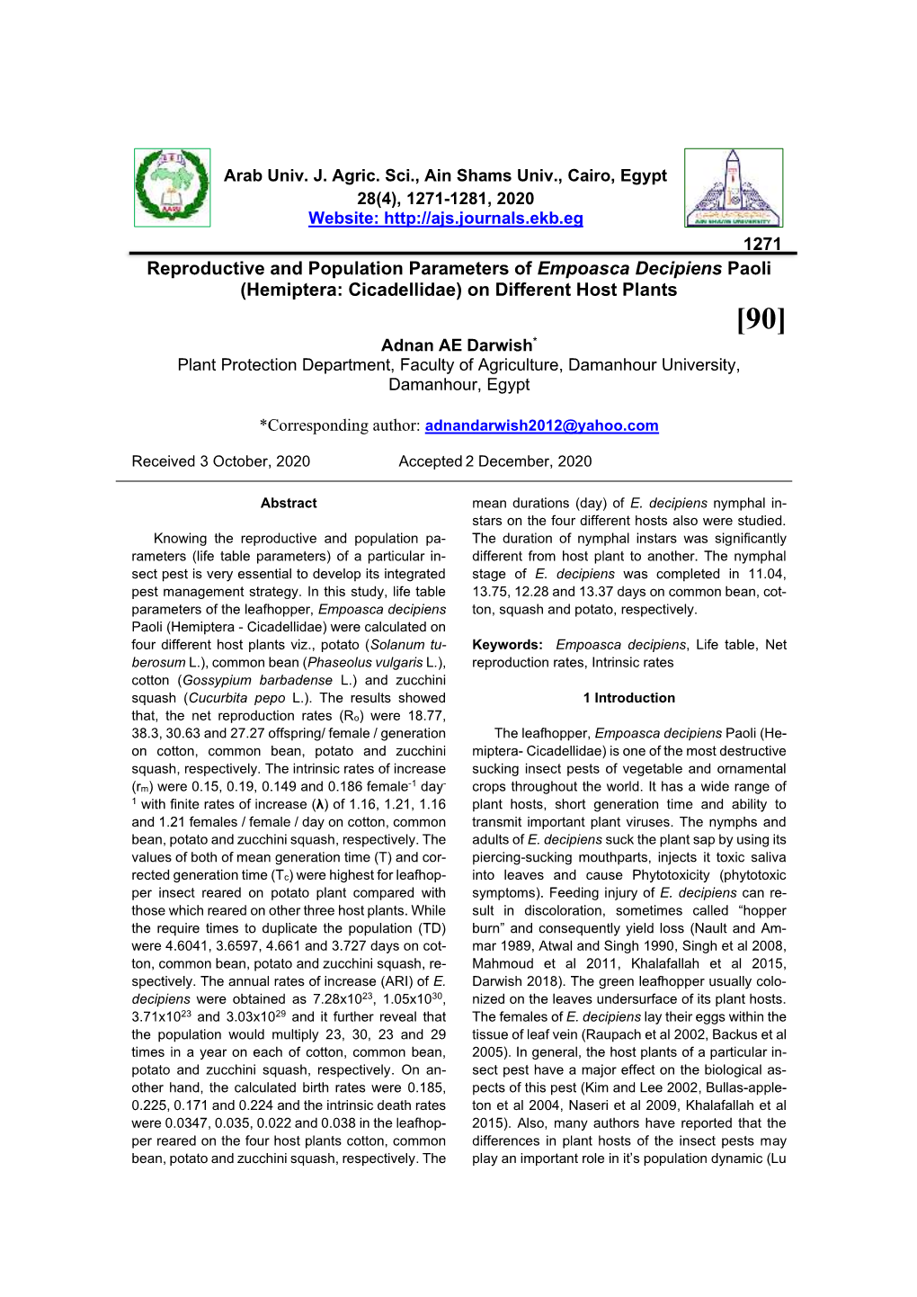 Reproductive and Population Parameters of Empoasca Decipiens Paoli (Hemiptera: Cicadellidae) on Different Host Plants