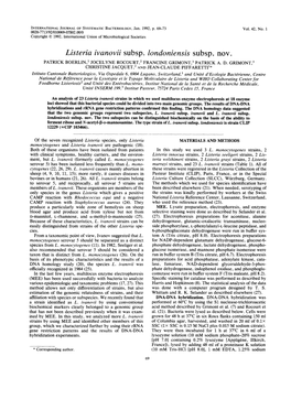 Listeria Ivanovii Subsp. Londoniensis Subsp Nova PATRICK BOERLIN,L JOCELYNE ROCOURT,* FRANCINE GRIMONT,3 PATRICK A