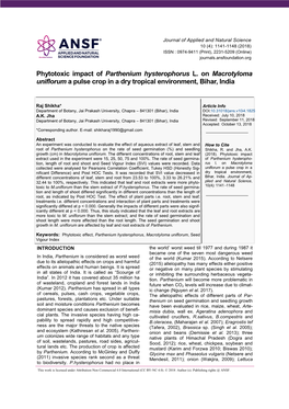 Phytotoxic Impact of Parthenium Hysterophorus L. on Macrotyloma Uniflorum a Pulse Crop in a Dry Tropical Environment, Bihar, India