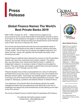 Press Release: Global Finance Names the World's Best Private