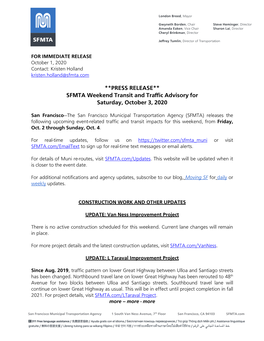 PRESS RELEASE** SFMTA Weekend Transit and Traffic Advisory for Saturday, October 3, 2020