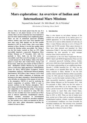 Mars Exploration: an Overview of Indian and International Mars Missions Nayamavalsa Scariah1, Dr