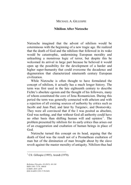 Nihilism After Nietzsche Nietzsche Imagined That the Advent of Nihilism