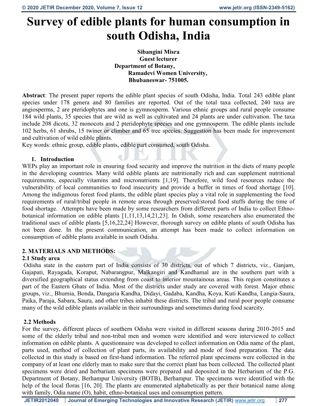 Survey of Edible Plants for Human Consumption in South Odisha, India