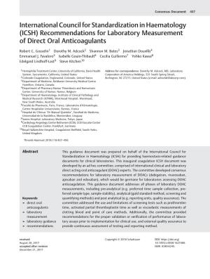 International Council for Standardization in Haematology (ICSH) Recommendations for Laboratory Measurement of Direct Oral Anticoagulants