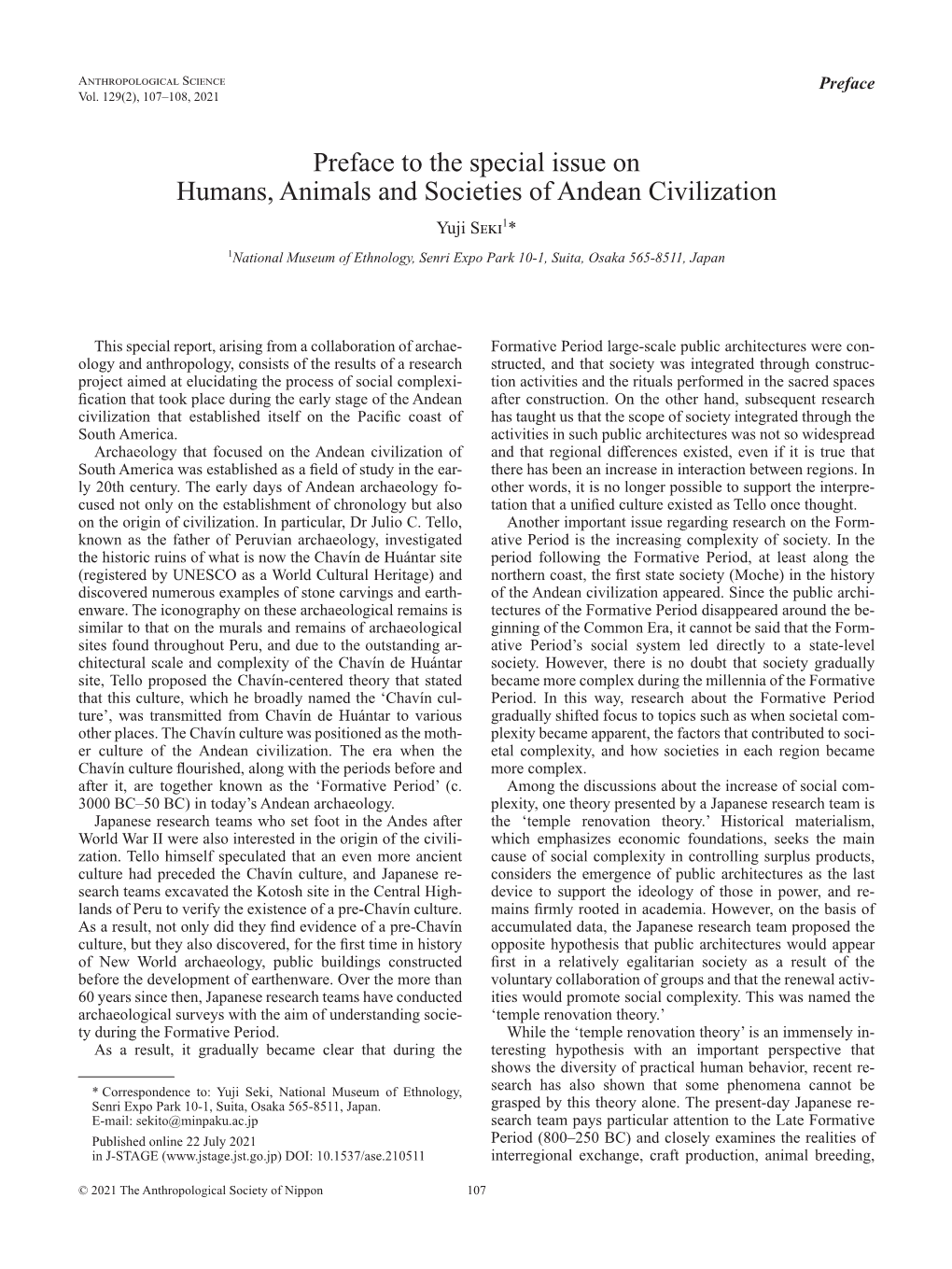 Preface to the Special Issue on Humans, Animals and Societies of Andean Civilization