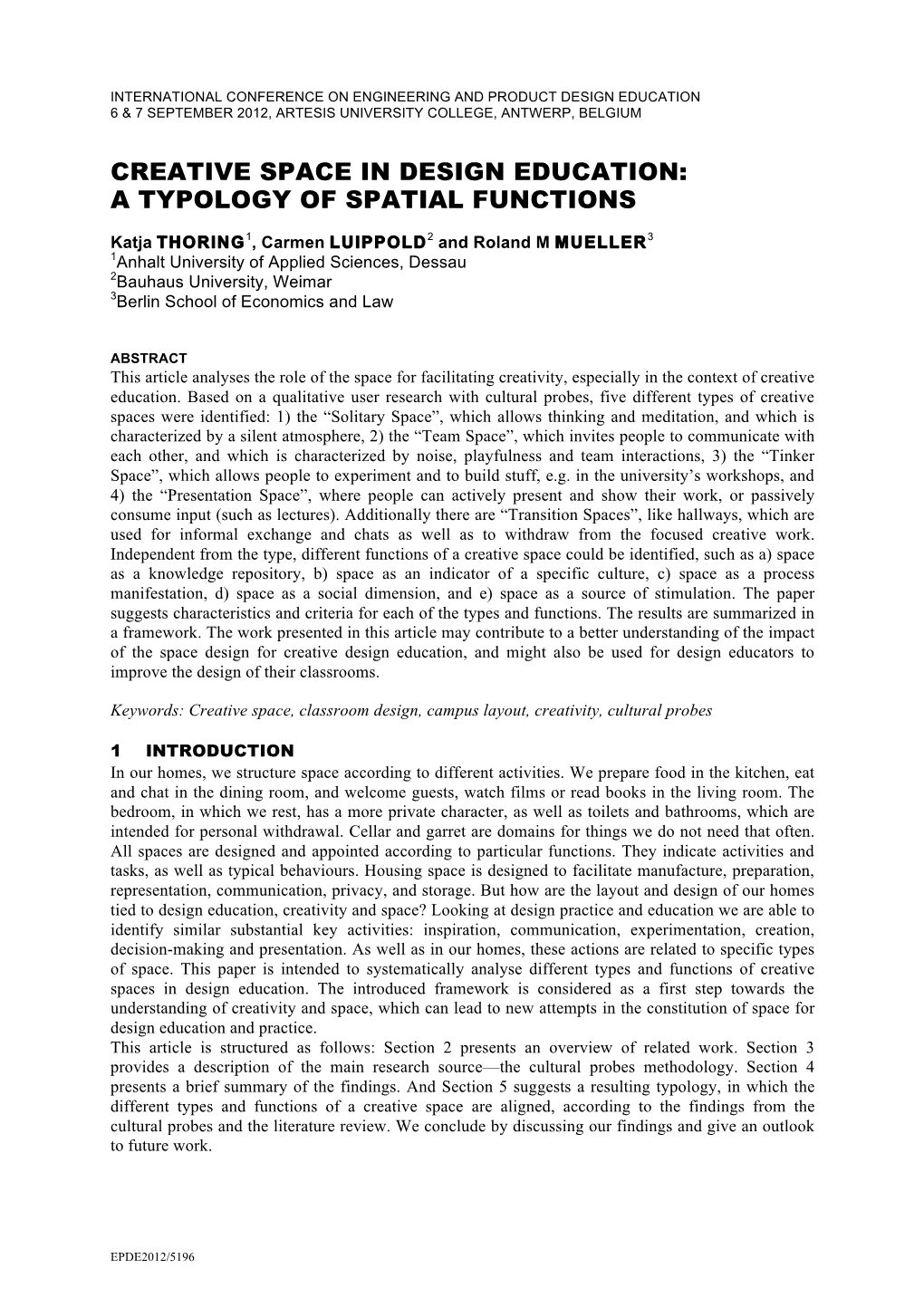 Creative Space in Design Education: a Typology of Spatial Functions