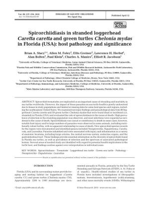 Spirorchiidiasis in Stranded Loggerhead Caretta Caretta and Green Turtles Chelonia Mydas in Florida (USA): Host Pathology and Significance