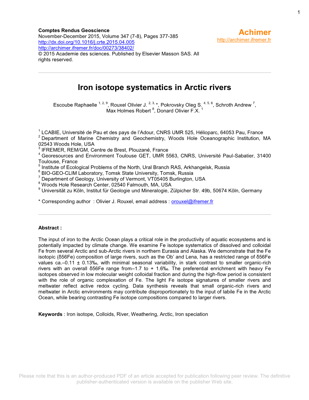 Iron Isotope Systematics in Arctic Rivers