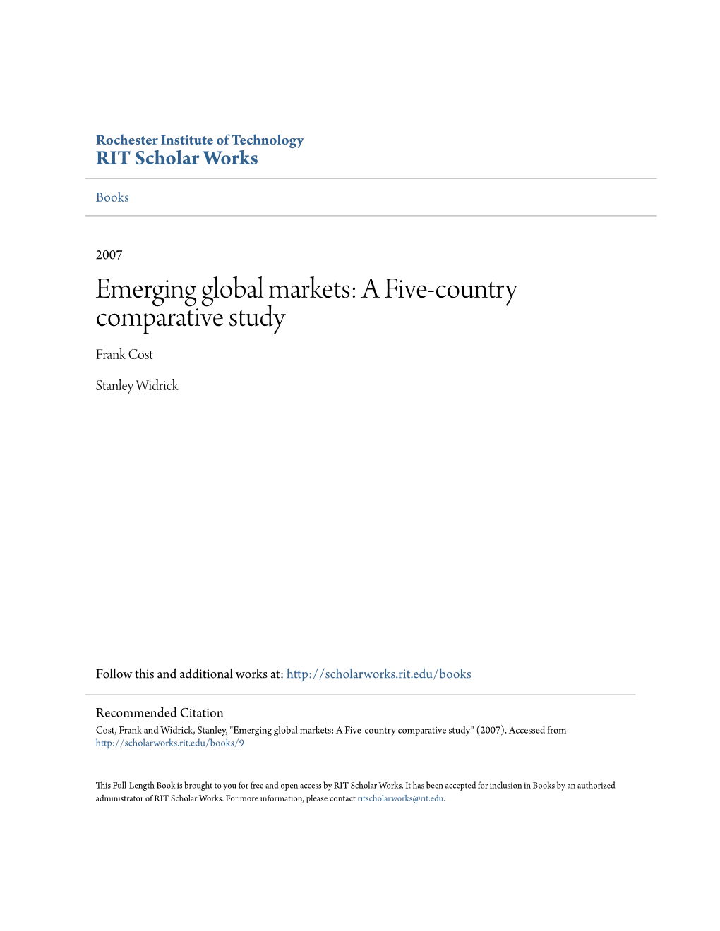 Emerging Global Markets: a Five-Country Comparative Study Frank Cost