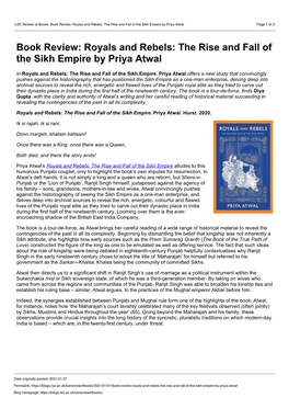 LSE Review of Books: Book Review: Royals and Rebels: the Rise and Fall of the Sikh Empire by Priya Atwal Page 1 of 3