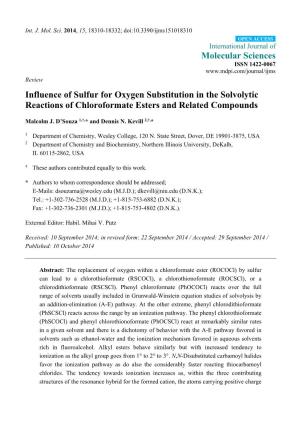 Influence of Sulfur for Oxygen Substitution in the Solvolytic Reactions of Chloroformate Esters and Related Compounds