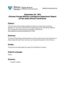 September 04, 1954 Chinese Foreign Ministry Intelligence Department Report on the Asian-African Conference