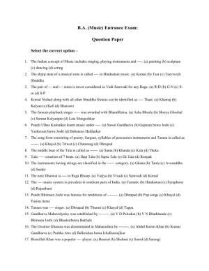 B.A. (Music) Entrance Exam: Question Paper
