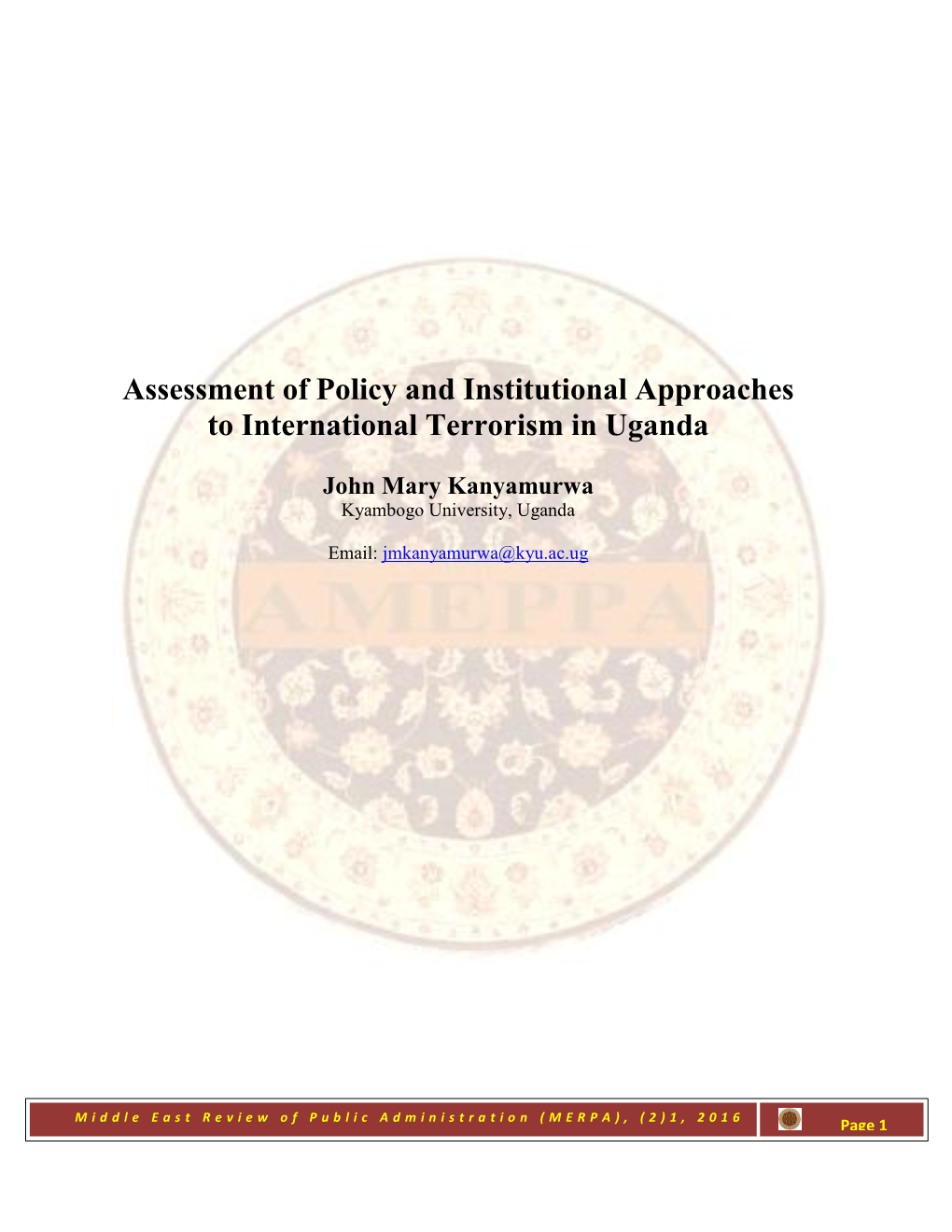 Assessment of Policy and Institutional Approaches to International Terrorism in Uganda