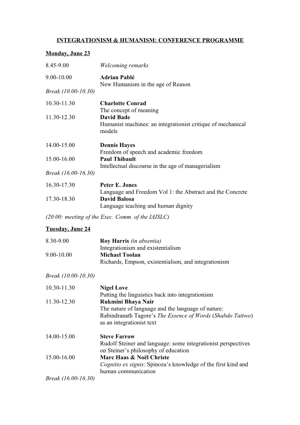 Integrationism & Humanism: Conference Programme