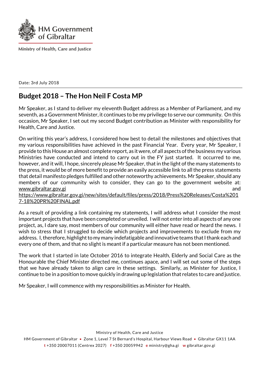 Budget 2018 – the Hon Neil F Costa MP