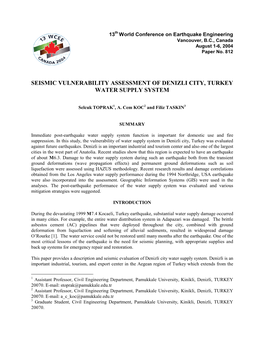 Seismic Vulnerability Assessment of Denizli City, Turkey Water Supply System