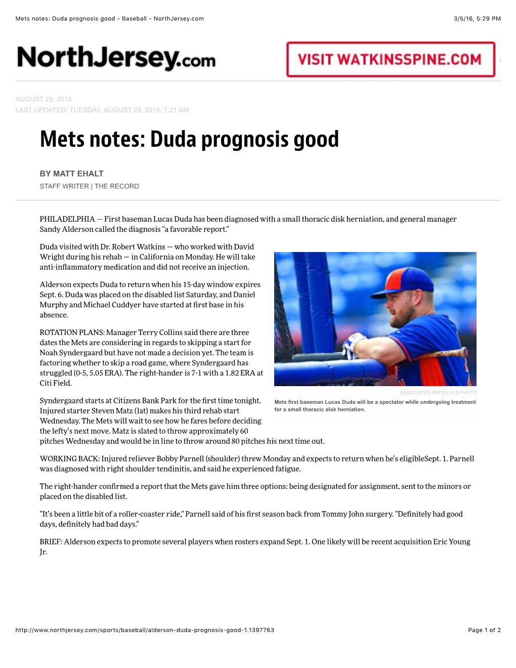 Mets Notes: Duda Prognosis Good - Baseball - Northjersey.Com 3/5/16, 5:29 PM