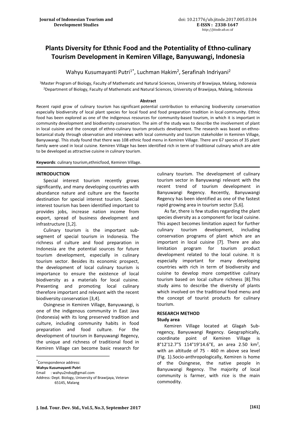 Plants Diversity for Ethnic Food and the Potentiality of Ethno-Culinary Tourism Development in Kemiren Village, Banyuwangi, Indonesia