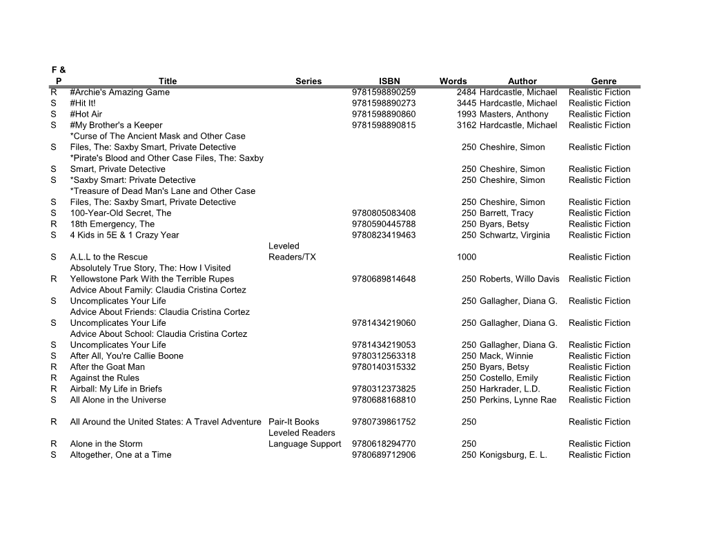 F & P Title Series ISBN Words Author Genre R #Archie's Amazing Game 9781598890259 2484 Hardcastle, Michael Realistic Fiction