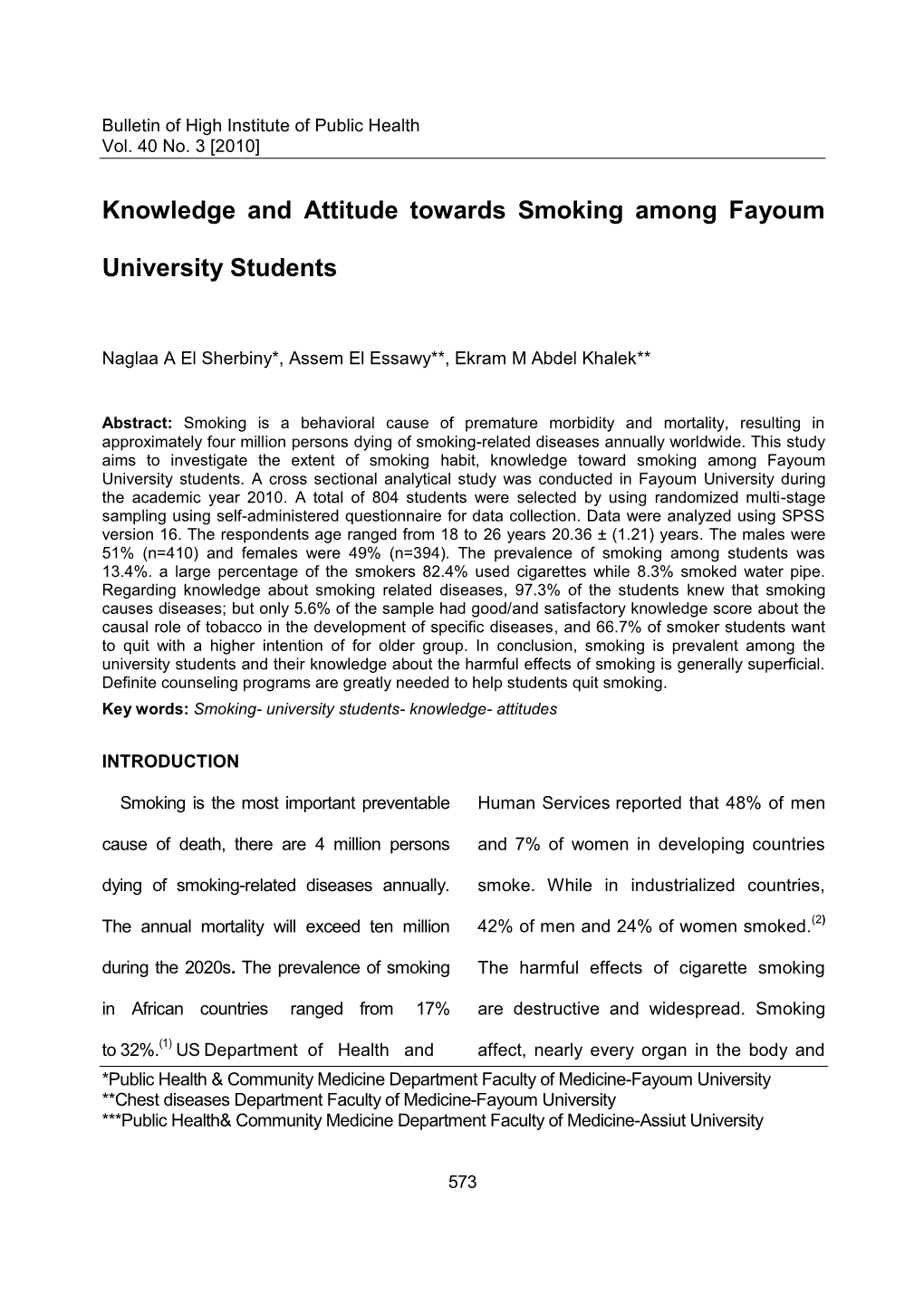 Knowledge and Attitude Towards Smoking Among Fayoum