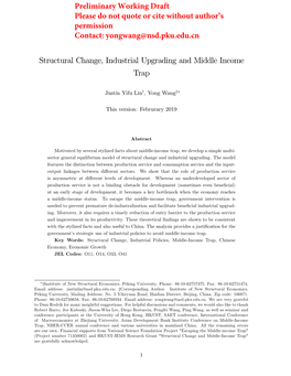 Structural Change, Industrial Upgrading and Middle Income Trap Preliminary Working Draft Please Do Not Quote Or Cite Without