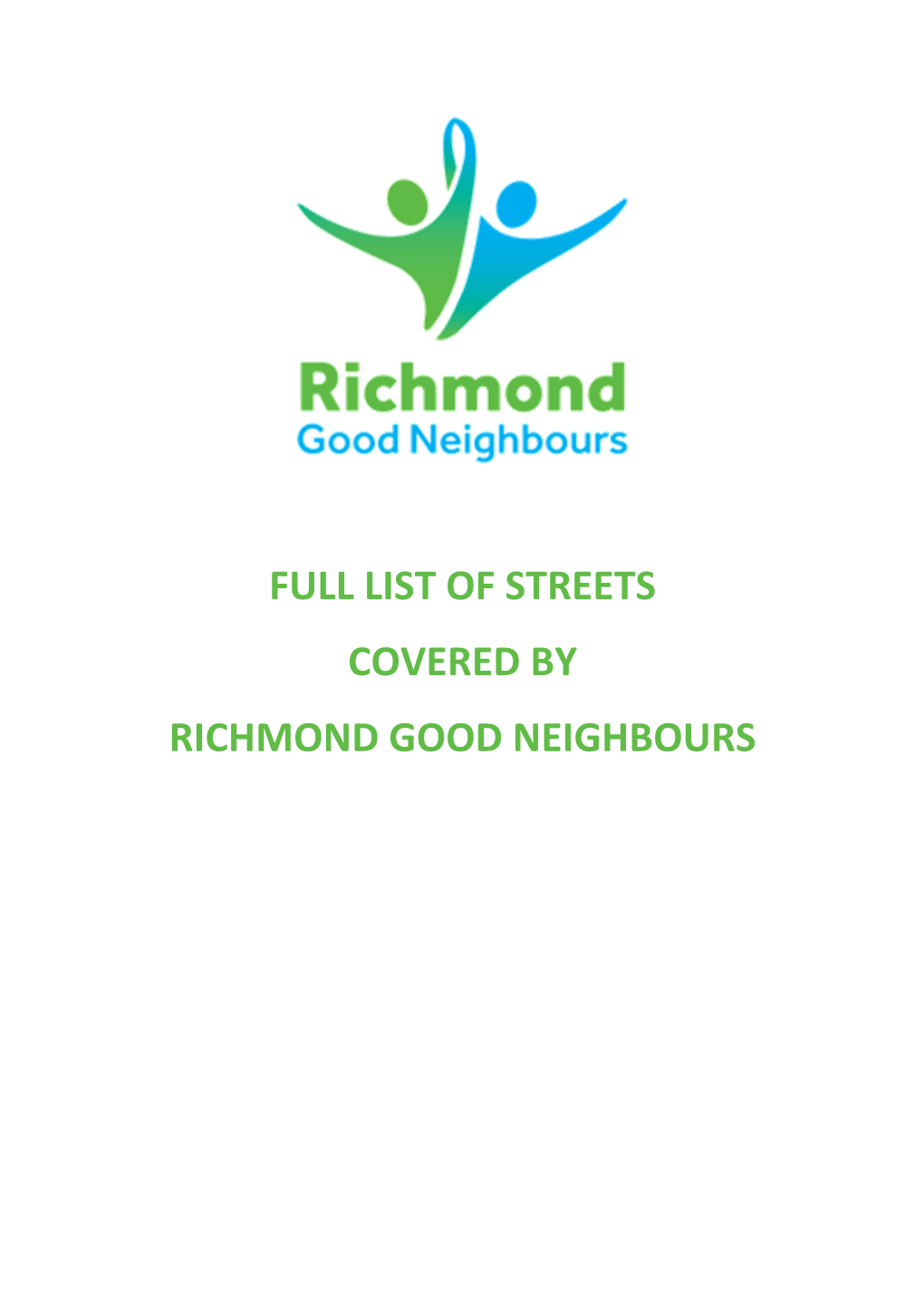 Full List of Streets Covered by Richmond Good Neighbours